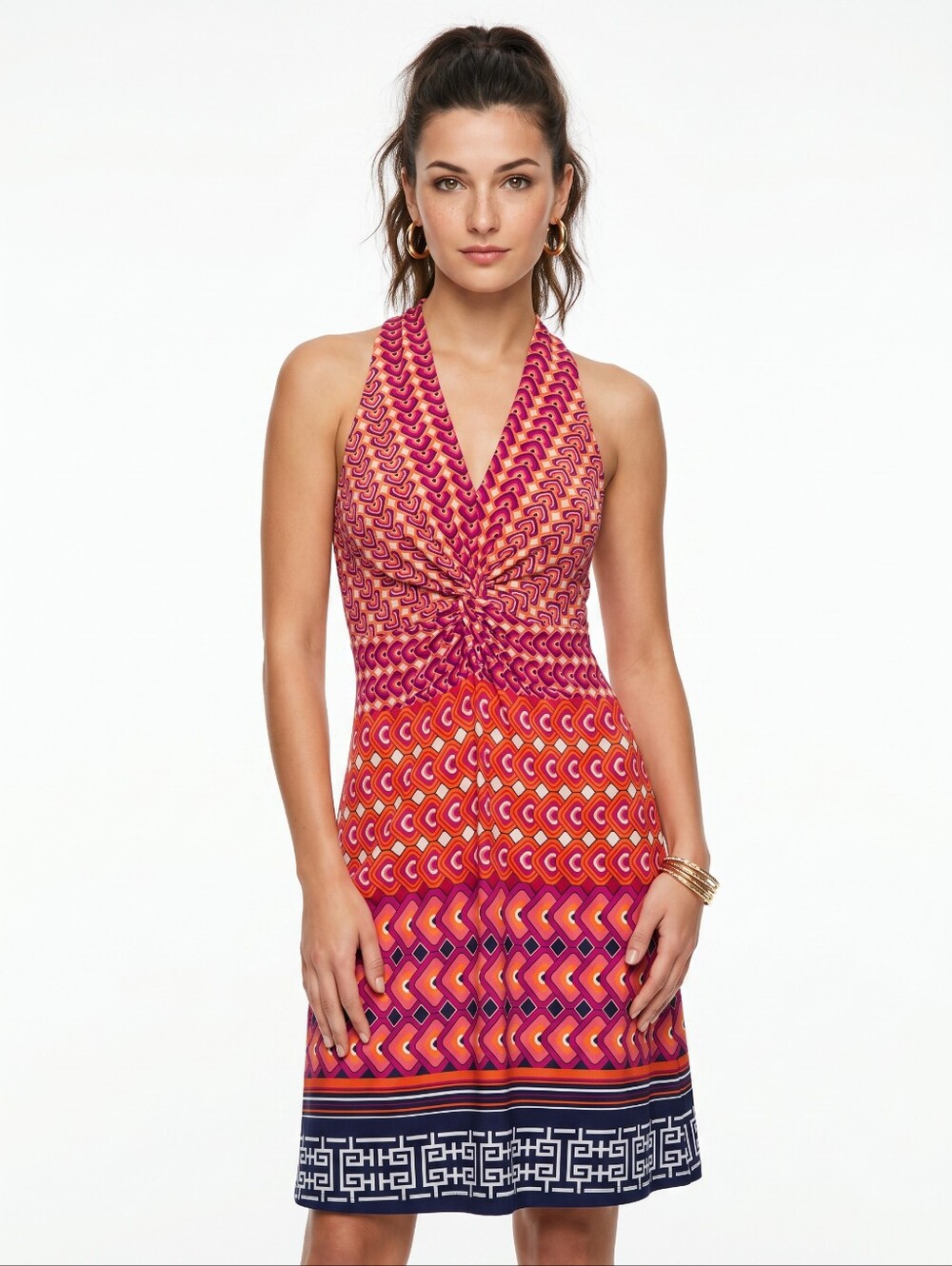 Laundry By Shelli Segal Halter Style Multicolor Knot-Front Midi Dress Sm